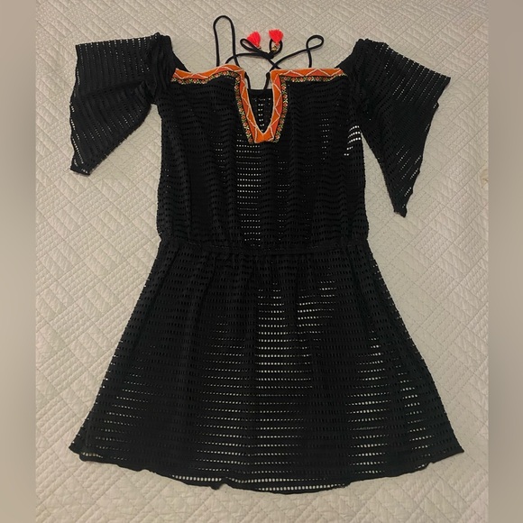 Isabella Rose Swim Other - Isabella Rose Swim Black Crochet Off-Shoulder Cover Up Dress with Orange Trim